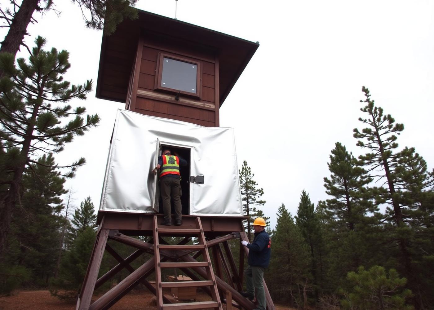 Agency crew wrapping a historic fire lookout with Firezat shielding